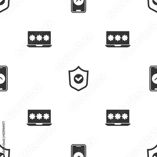 Set Smartphone, Shield with check mark and Laptop password on seamless pattern. Vector