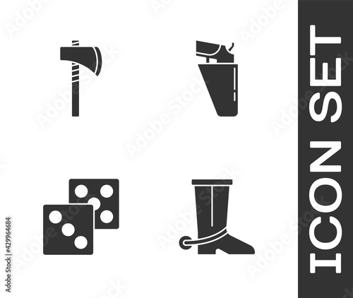 Set Cowboy boot, Tomahawk axe, Game dice and Revolver gun in holster icon. Vector