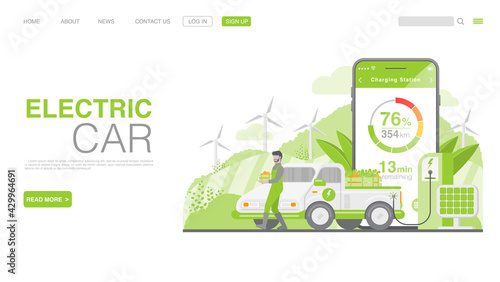 EV Car Or Electric Car At Charging Station. Concept Illustration For Green Environment. Landing Page in Flat Style. Vector EPS 10