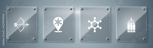 Set Dynamite bomb, Hexagram sheriff, and Bow and arrow in quiver. Square glass panels. Vector
