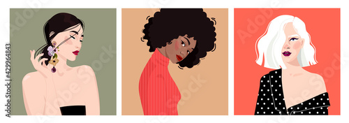 Set of portraits of women of different gender and age. Diversity. Vector flat illustration. Avatar for a social network.  Vector flat illustration
