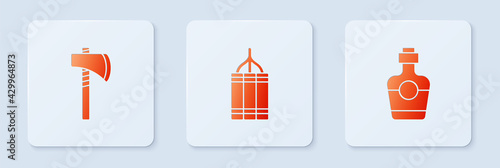 Set Dynamite bomb, Tomahawk axe and Tequila bottle. White square button. Vector