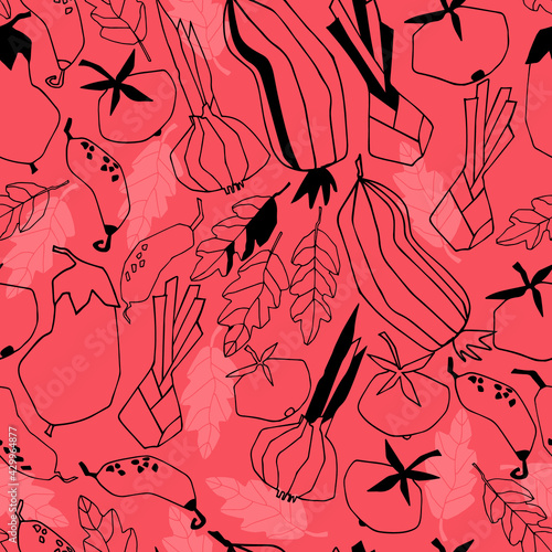 Seamless repeating pattern with vegetables. Abstract trendy illustrations on pink background