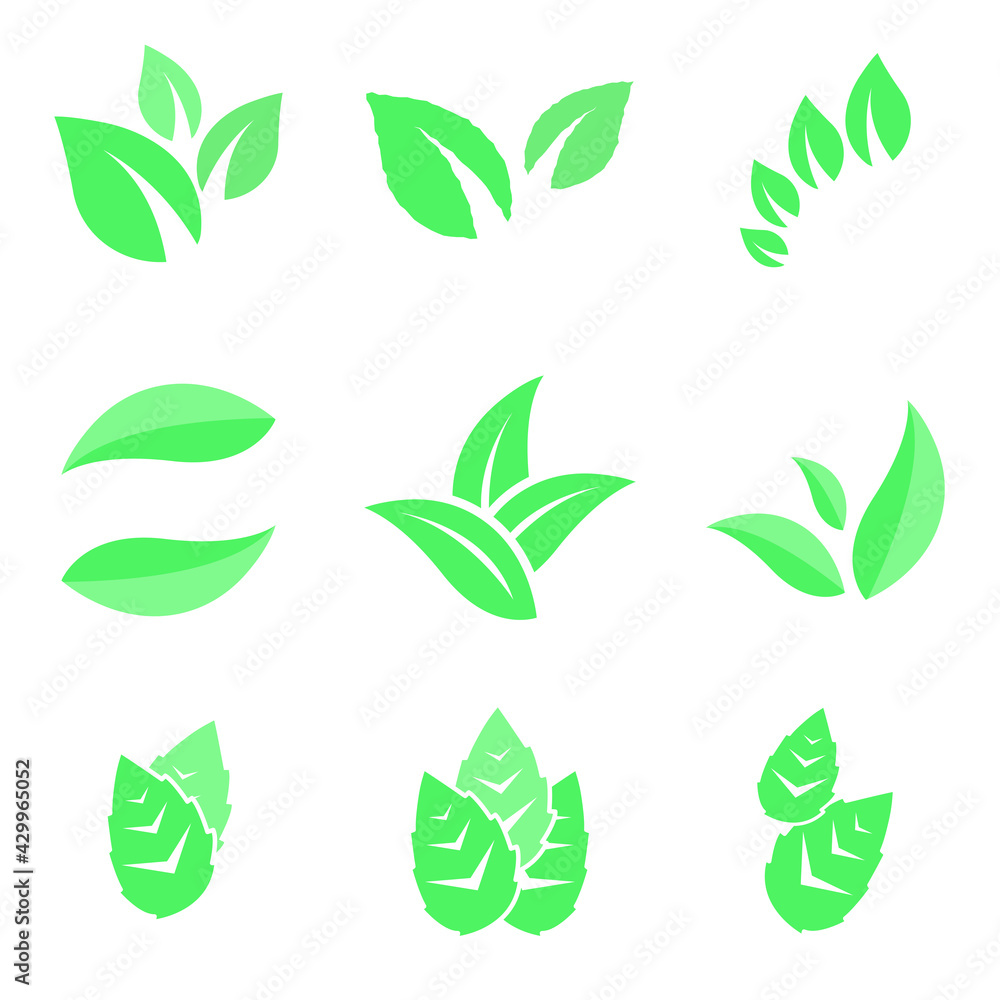 Leaves vector set for ecology and environment. Vegan organic logo template set, bio and eco element. Various shapes of green leaves. Green leaves vector collection isolated on white background Leaves vector set for ecology and environment. Vegan organic logo template set, bio and eco element. Various shapes of green leaves. Green leaves vector collection isolated on white background