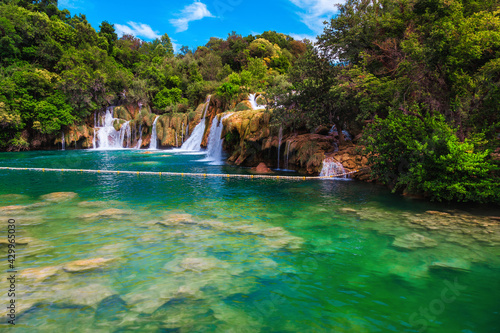 Krka National Park area with beautiful waterfalls  Skradin  Dalmatia  Croatia