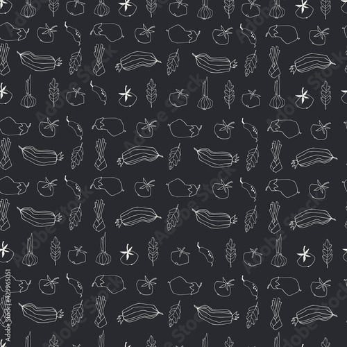 Seamless repeating pattern with vegetables in rows. Geometric outlined illustrations on black background
