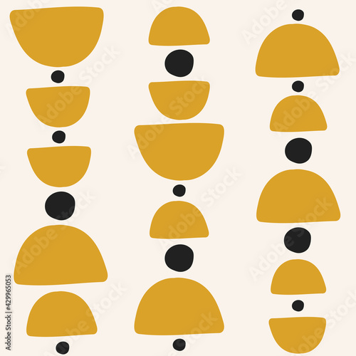  Abstract vector seamless pattern with hand drawn geometric mustard semicircles and black dots on pastel background.  Bright background design in boho style