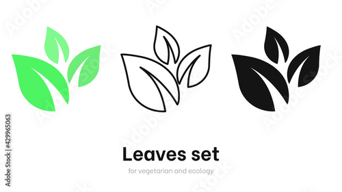 Leaves vector set for ecology and environment. Vegan organic logo template set, bio and eco element. Various shapes of green leaves. Green leaves vector collection isolated on white background