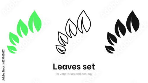 Leaves vector set for ecology and environment. Vegan organic logo template set, bio and eco element. Various shapes of green leaves. Green leaves vector collection isolated on white background