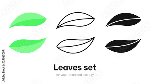 Leaves vector set for ecology and environment. Vegan organic logo template set, bio and eco element. Various shapes of green leaves. Green leaves vector collection isolated on white background