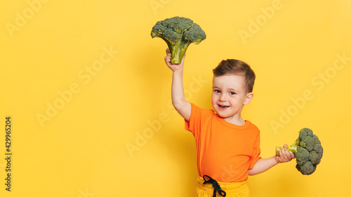 A studio shot of a boy holding a fresh broccoli. The concept of healthy baby food. Space for your text
