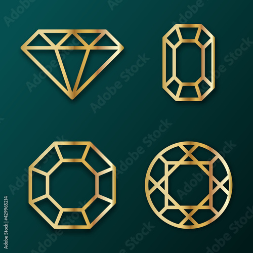3d luxury golden diamond logo vector illustration set. Jewerly logo template with gold texture for value and wealthy. Gold brilliant illustration with shadow for business. Emerald gemstone and crystal