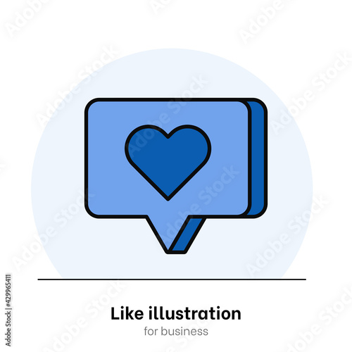 Flat like notification vector. Blue like notification with 3d effect and black outline. Blue speech bubble with heart for social media
