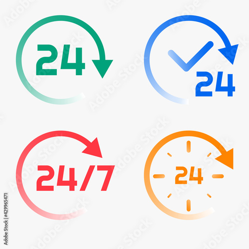 24/7 icon vector set. Service open 24h hours a day and 7 days a week. Flat isolated colorful 24/7 icon collection. Always open vector with gradient, rounded sign isolated on white background