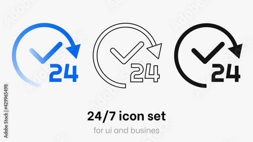 24/7 icon vector set. Service open 24h hours a day and 7 days a week. Flat isolated colorful 24/7 icon collection. Always open vector with gradient, rounded sign isolated on white background