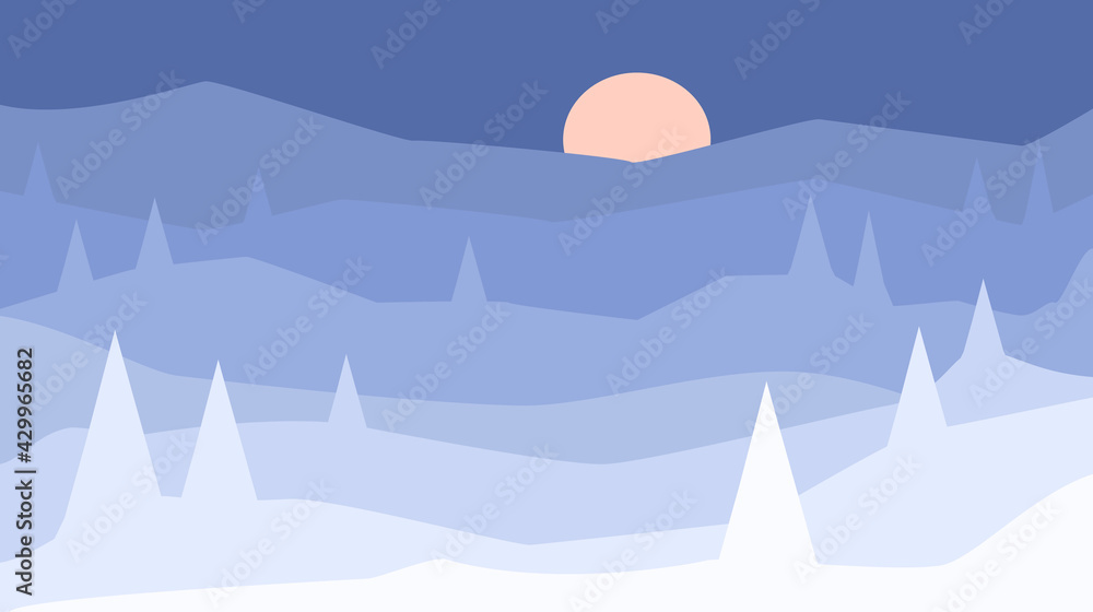abstract minimalist cartoon winter season, xmas snow hills and pine trees forest landscape, scenery.vector illustration graphic texture