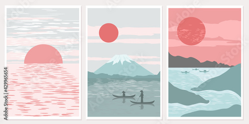 Set modern minimalist art abstraction poster. Mount Fuji sunrise landscape Japan panorama, fishermen in boats, lake. The concept of nature, travel, and oriental color. Vector graphics.