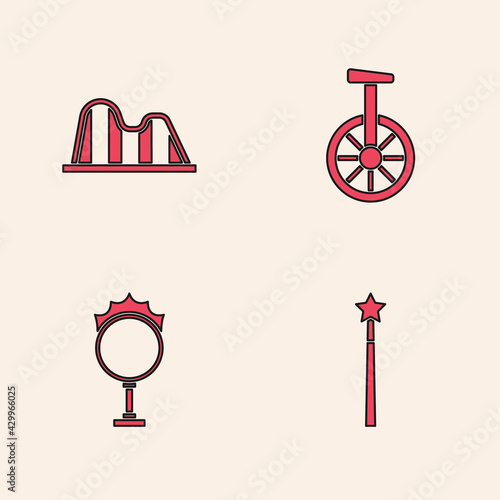 Set Magic wand, Roller coaster, Unicycle or one wheel bicycle and Circus fire hoop icon. Vector