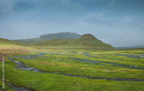 Deosai Beautiful Vibrant Landscape. Deosai National Park is a high-altitude alpine plain in the Northern Gilgit-Baltistan GB region of Kashmir Pakistan. Second highest plateaus in world.