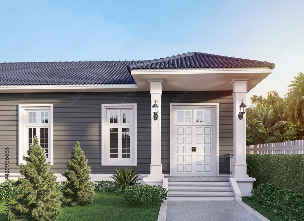 Front house entrance 3d render there are white door,gray plank wall and blue roof tile with beautiful green garden