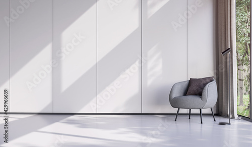 Fototapeta Naklejka Na Ścianę i Meble -  Minimal style living room decorate with modern gray lounge chair 3d render There are empty white wall with vertical groove with large window overlooking nature view sunlight shining into the room