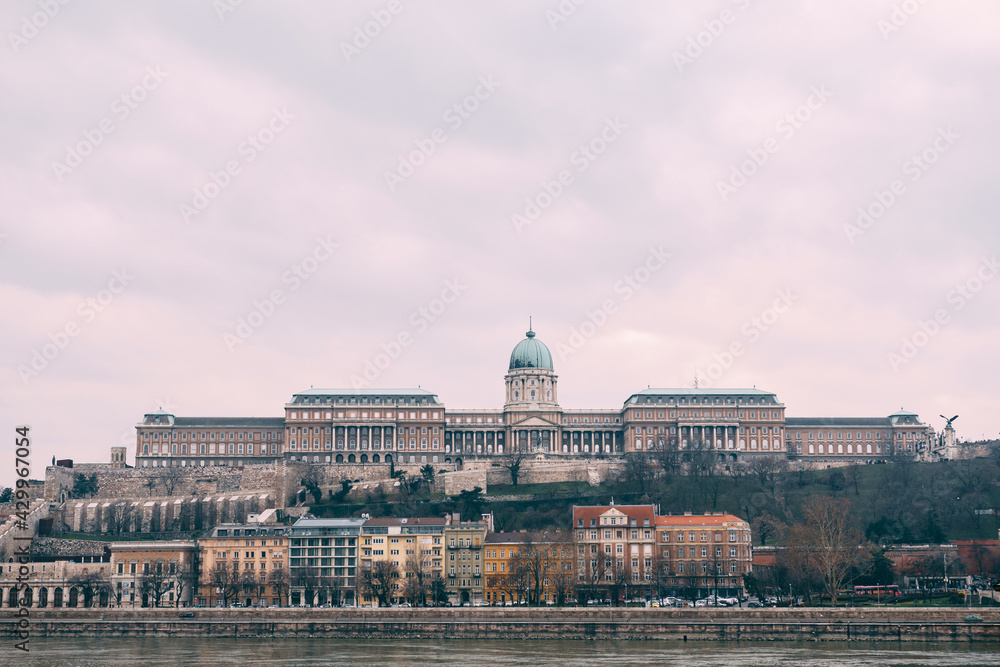 Panoramic view of the Royal Palace in Budapest against the background of the sky
