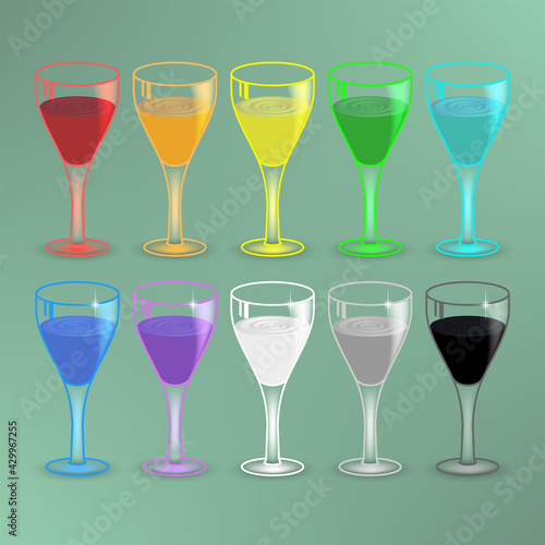 A set of iridescent rainbow glass goblets filled with colored liquid with waves or ripples on the surface