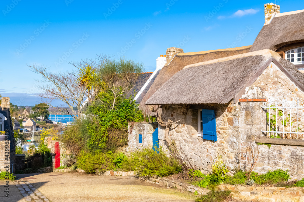 Brittany, Ile aux Moines island in the Morbihan gulf, old houses in the village, with view on the harbor
Brittany, Ile aux Moines island in the Morbihan gulf, old houses in the village, with view on the harbor