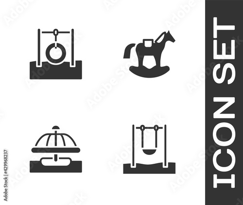 Set Swing, Car tire hanging on rope, Attraction carousel and Horse saddle swing icon. Vector
