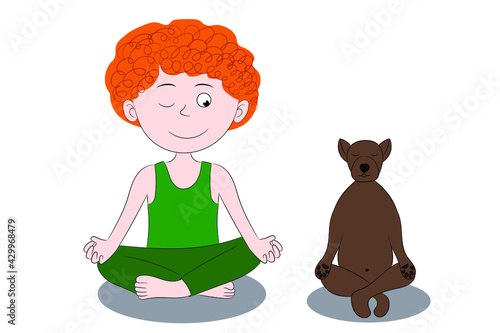 Boy and dog sitting in lotus position, boy doing yoga with his dog