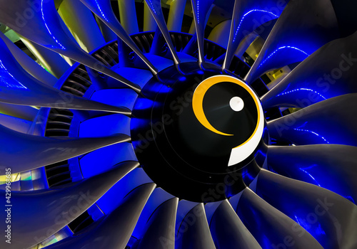 Close-up of a large jet engine turbine blades