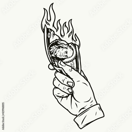 Male hand with burning dollar bill