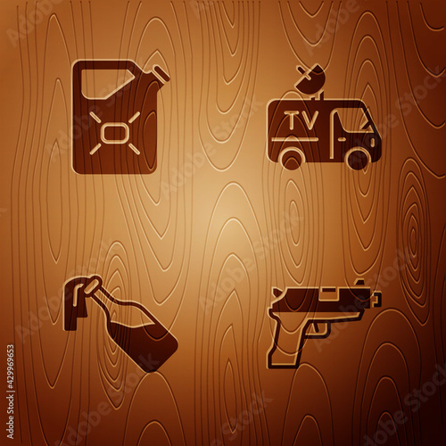 Set Pistol or gun, Canister fuel, Cocktail molotov and TV News car on wooden background. Vector