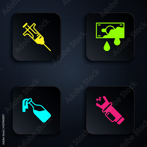 Set Police electric shocker, Syringe, Cocktail molotov and Bloody money. Black square button. Vector