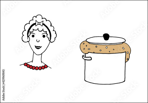 A pot of yeast dough and the face of a woman, a housewife, isolated on a white background. Flat vector illustration in doodle style.