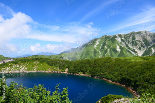 中部山岳国立公園。室堂平・ミクリガ池より立山を望む。立山、富山、日本。8月下旬。