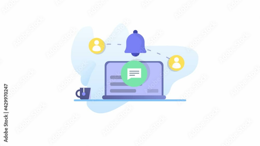 Cool flat animated laptop with texting message icon on screen and profile icons, ringin bell by notifications and warm tea. Data management concept icon. 2D shape animation. Vector animation. Cool flat animated laptop with texting message icon on screen and profile icons, ringin bell by notifications and warm tea. Data management concept icon. 2D shape animation. Vector animation.