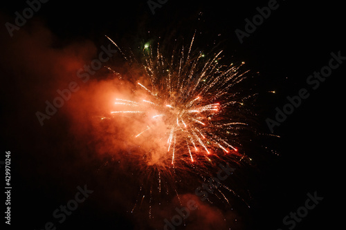 Bright fireworks explode in the night sky