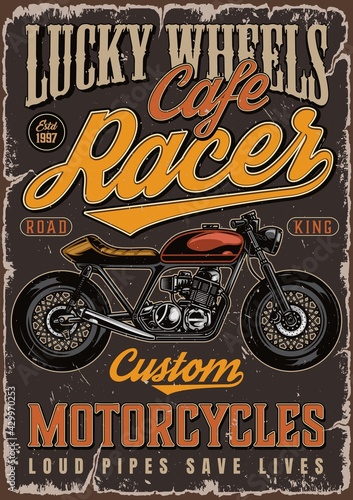 Fotografia Cafe racer motorcycle colorful poster