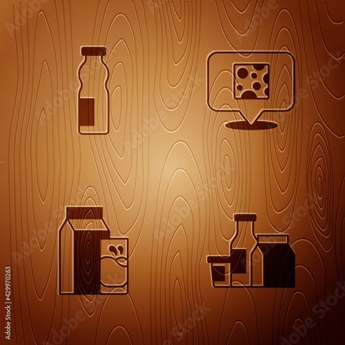 Set Milk product, Drinking yogurt in bottle, Paper package for kefir and Cheese on wooden background. Vector