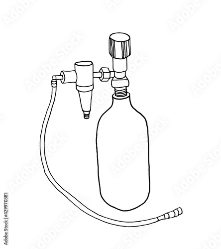 A medical cylinder with oxygen or nitrous oxide and a hose. Linear gas cylinder icon, contour vector illustration. Medical equipment for treatment, respiratory relief, anesthesia.