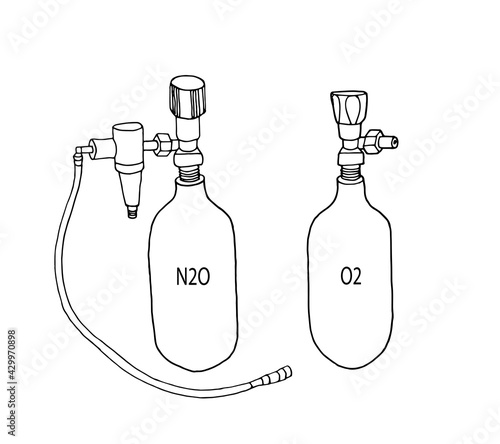 Medical tanks with oxygen and nitrous oxide with a hose. Linear gas cylinder icon, contour vector illustration. Medical equipment for treatment, respiratory relief, anesthesia.