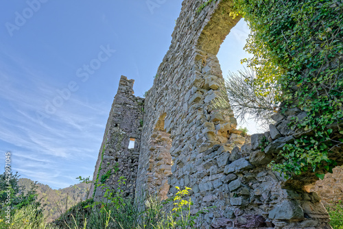 detail of old ruins of a castle near biassa a little village in la spezia