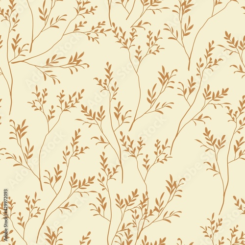 Seamless natural pattern. Brown tree branches with leaves on a beige background. Botanical illustration. Design of wallpaper  fabrics  textiles  packaging  posters  postcards  wedding design. 