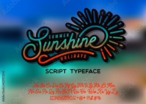 Summer Story. Hand made script font. Vacation summer time. Waikiki beach. Vector illustration. Retro typeface and logo. Summer style.