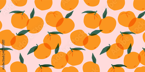 Vector seamless pattern with mandarins. Trendy hand drawn textures. Modern abstract design.