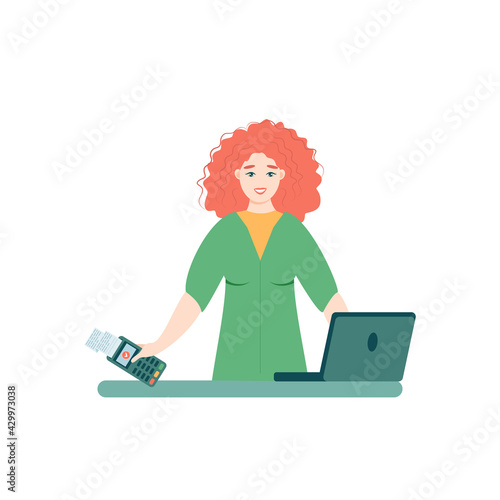 Smiling girl holds a wireless terminal, Modern bank payment device. Pay by card concept. The internet store, online shop, web buying and paying. Cartoon design in vector.


