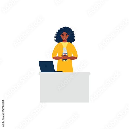 Smiling girl holds a wireless terminal, Modern bank payment device. Pay by card concept. The internet store, online shop, web buying and paying. Cartoon design in vector.


