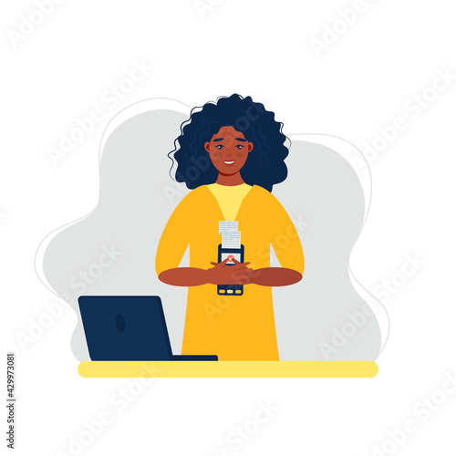 Smiling girl holds a wireless terminal, Modern bank payment device. Pay by card concept. The internet store, online shop, web buying and paying. Cartoon design in vector.



