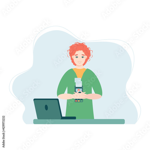 Smiling man holds a wireless terminal, Modern bank payment device. Pay by card concept. The internet store, online shop, web buying and paying. Cartoon design in vector.